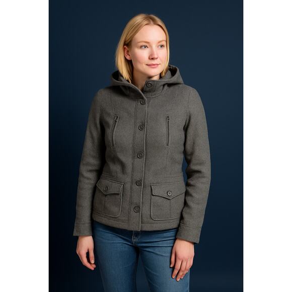 Women’s Aeropostale Wool Blend Coat Medium Gray Herringbone Hooded Jacket - Picture 1 of 13